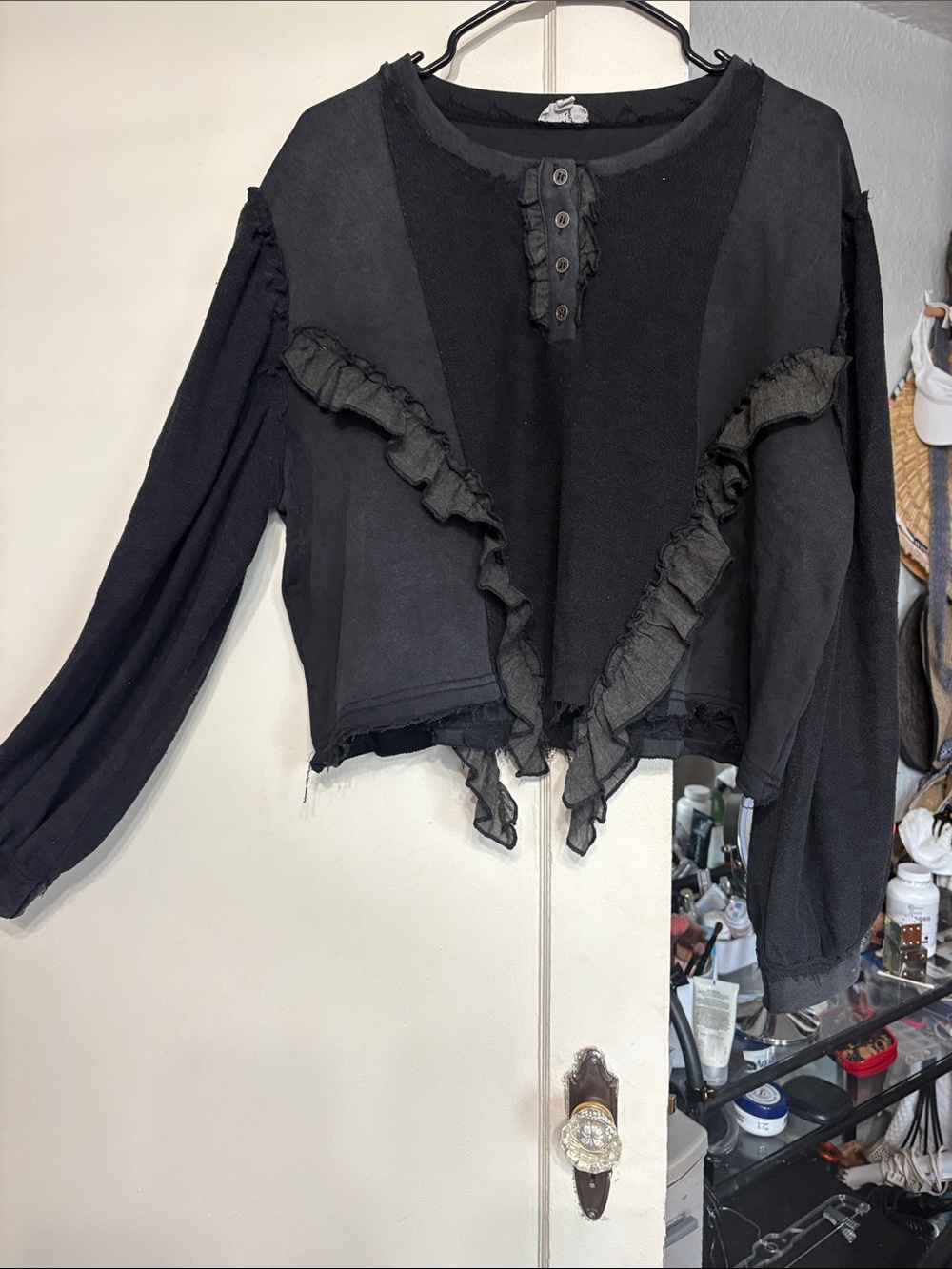 Black Ruffle-Trim Long Sleeve Top